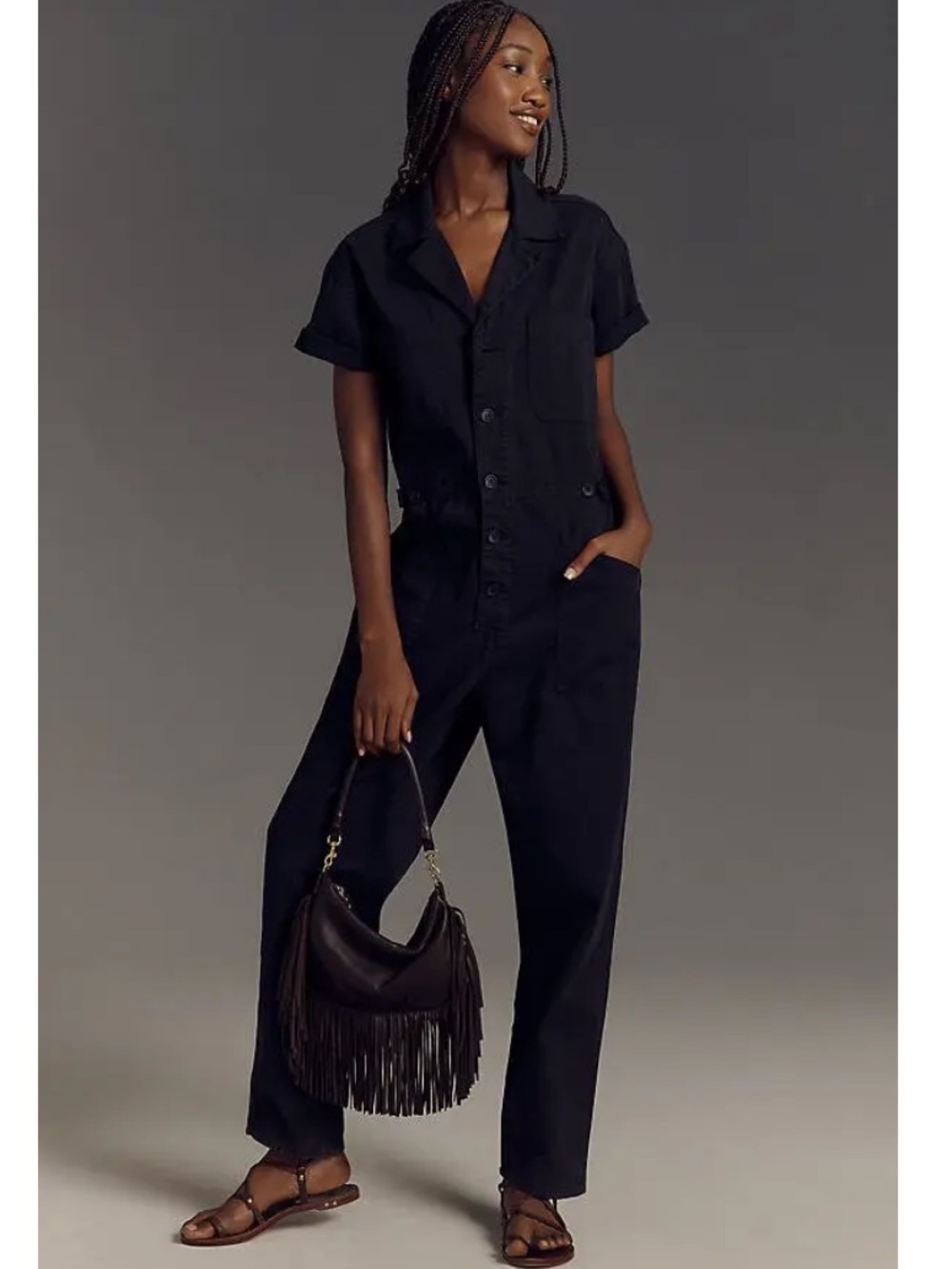 pistola Grover Black Short-Sleeve Button-Front Utility Jumpsuit